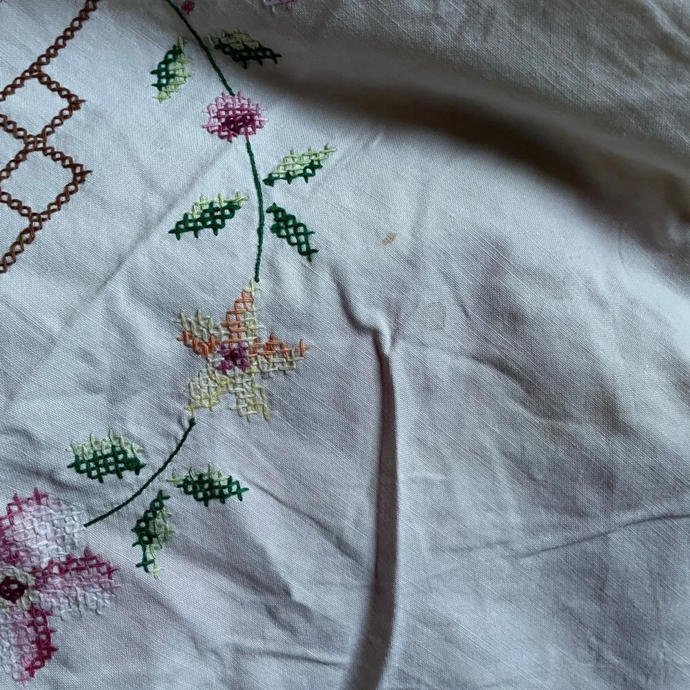 Vintage Tablecloth Hand Embroidered Floral CrossStitch 50” Sewing Upcycle craft - Picture 13 of 14